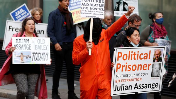 Supporters of WikiLeaks founder Julian Assange protest outside the Old Bailey, the Central Criminal Court on the final day of a hearing to decide whether Assange should be extradited to the United States, in London, Britain October 1, 2020. - Sputnik International