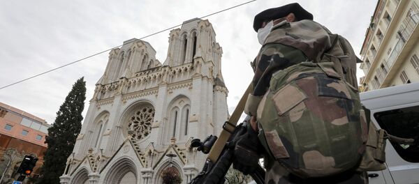 A French soldier stands in front of Notre-Dame church, where a knife attack took place, in Nice, France October 29, 2020 A French soldier stands in front of Notre-Dame church, where a knife attack took place, in Nice, France October 29, 2020 - Sputnik International
