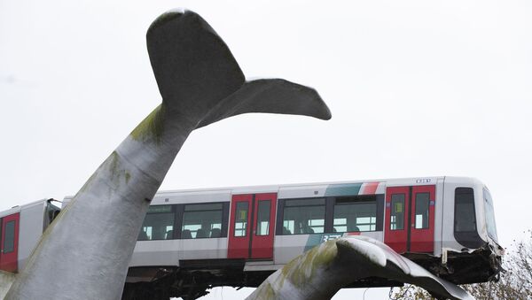 The whale's tail of a sculpture caught the front carriage of a metro train as it rammed through the end of an elevated section of rails with the driver escaping injuries in Spijkenisse, near Rotterdam, Netherlands, Monday, Nov. 2, 2020. - Sputnik International
