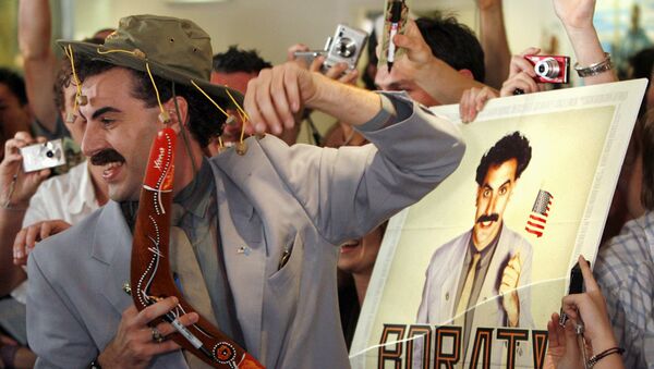 British actor Sacha Baron Cohen, in character as a Kazakh TV reporter known as 'Borat', holds a boomerang as he mingles with fans in Sydney November 13, 2006 during the Australian premiere of his film Borat: Cultural Learnings of America for Make Benefit Glorious Nation of Kazakhstan. - Sputnik International
