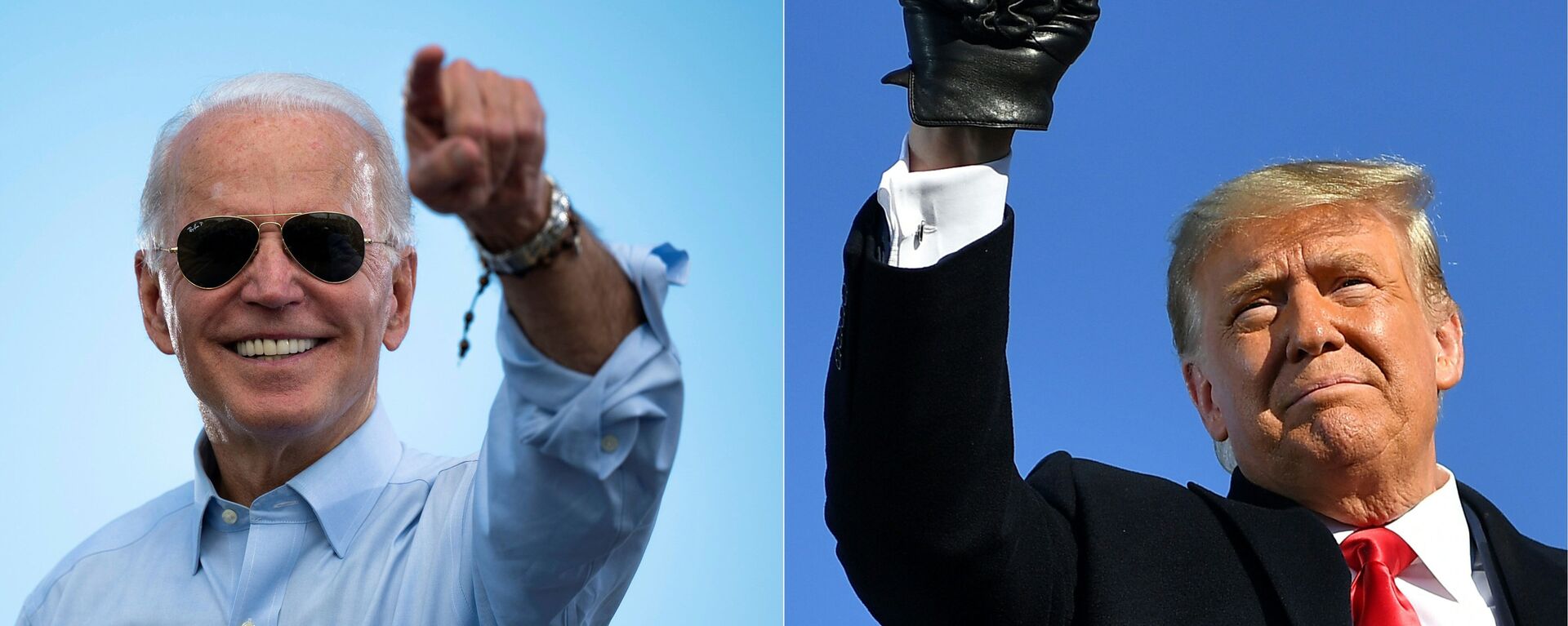 This combination of pictures created on October 30, 2020 shows Democratic Presidential candidate and former US Vice President Joe Biden gestures prior to delivering remarks at a Drive-in event in Coconut Creek, Florida, on October 29, 2020 and US President Donald Trump pumps his fist as he arrives to a campaign rally at Green Bay Austin Straubel International Airport in Green Bay, Wisconsin on October 30, 2020.  - Sputnik International, 1920, 14.11.2021