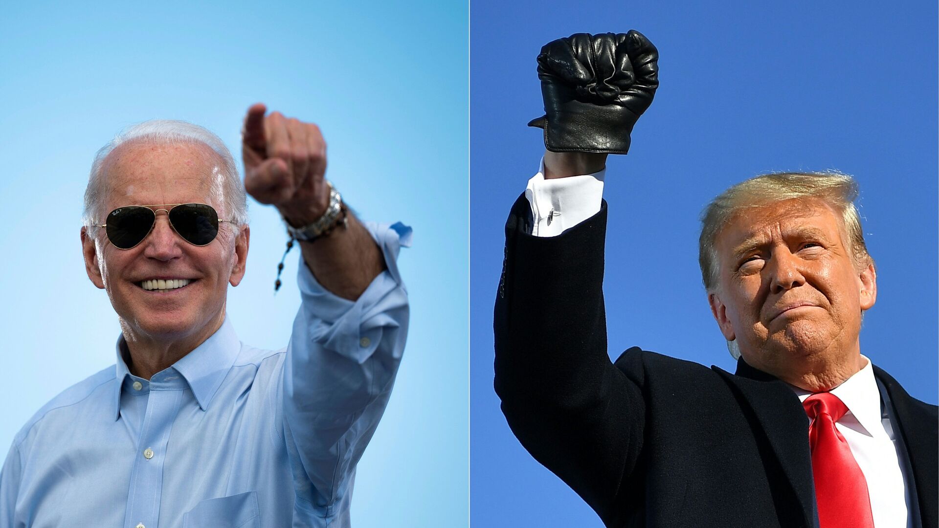 This combination of pictures created on October 30, 2020 shows Democratic Presidential candidate and former US Vice President Joe Biden gestures prior to delivering remarks at a Drive-in event in Coconut Creek, Florida, on October 29, 2020 and US President Donald Trump pumps his fist as he arrives to a campaign rally at Green Bay Austin Straubel International Airport in Green Bay, Wisconsin on October 30, 2020. - President Donald Trump and Democrat Joe Biden fought November 2, 2020 through the eve of an election threatened by legal chaos and fears of violence after Trump, down in the polls and with only hours to go, pushed hard to discredit the US voting process.On Tuesday, the world will witness a country more divided and angry than at any time since the Vietnam War era of the 1970s. - Sputnik International, 1920, 31.01.2023