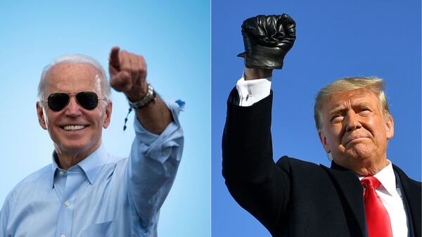 This combination of pictures created on October 30, 2020 shows Democratic Presidential candidate and former US Vice President Joe Biden gestures prior to delivering remarks at a Drive-in event in Coconut Creek, Florida, on October 29, 2020 and US President Donald Trump pumps his fist as he arrives to a campaign rally at Green Bay Austin Straubel International Airport in Green Bay, Wisconsin on October 30, 2020. - President Donald Trump and Democrat Joe Biden fought November 2, 2020 through the eve of an election threatened by legal chaos and fears of violence after Trump, down in the polls and with only hours to go, pushed hard to discredit the US voting process.On Tuesday, the world will witness a country more divided and angry than at any time since the Vietnam War era of the 1970s. - Sputnik International