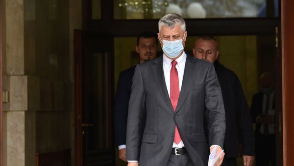 Kosovo's President Hashim Thaci arrives for a news conference as he resigns to face war crimes charges at a special court based in the Hague, in Pristina, Kosovo, November 5, 2020. - Sputnik International