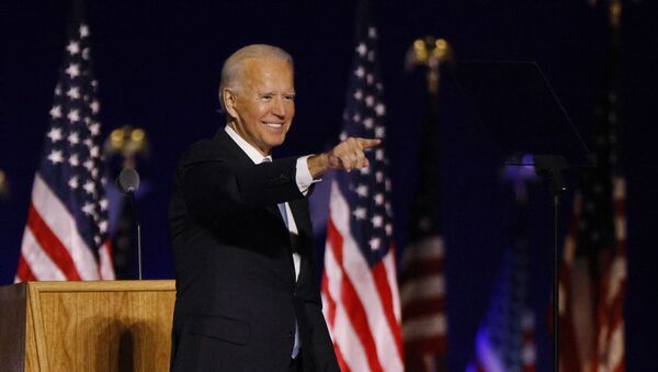 Democratic 2020 U.S. presidential nominee Joe Biden points to the crowd after speaking at his election rally, after the news media announced that Biden has won the 2020 U.S. presidential election over President Donald Trump, in Wilmington, Delaware, U.S., November 7, 2020.  - Sputnik International
