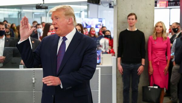 U.S. President Donald Trump speaks to staff members while his son in-law and senior advisor Jared Kushner and his White House Press Secretary Kayleigh McEnany listen as he visits his presidential campaign headquarters on Election Day in nearby Arlington, Virginia, U.S., November 3, 2020.  - Sputnik International