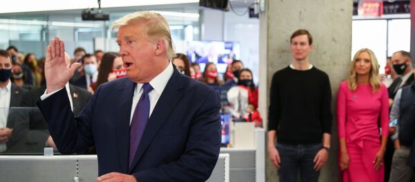 U.S. President Donald Trump speaks to staff members while his son in-law and senior advisor Jared Kushner and his White House Press Secretary Kayleigh McEnany listen as he visits his presidential campaign headquarters on Election Day in nearby Arlington, Virginia, U.S., November 3, 2020. U.S. President Donald Trump speaks to staff members while his son in-law and senior advisor Jared Kushner and his White House Press Secretary Kayleigh McEnany listen as he visits his presidential campaign headquarters on Election Day in nearby Arlington, Virginia, U.S., November 3, 2020. - Sputnik International