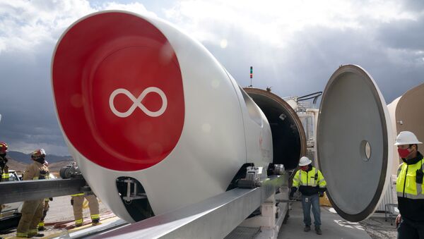 A Virgin Hyperloop pod is seen at their DevLoop test site in Las Vegas, Nevada, in this November 8, 2020 handout image released by Virgin Hyperloop - Sputnik International