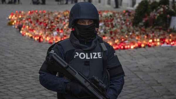 An armed police officer stands guard before the arrival of Austrian Chancellor Kurz and President of the European Council to pay respects to the victims of the recent terrorist attack in Vienna, Austria on November 9,2020. - Sputnik International