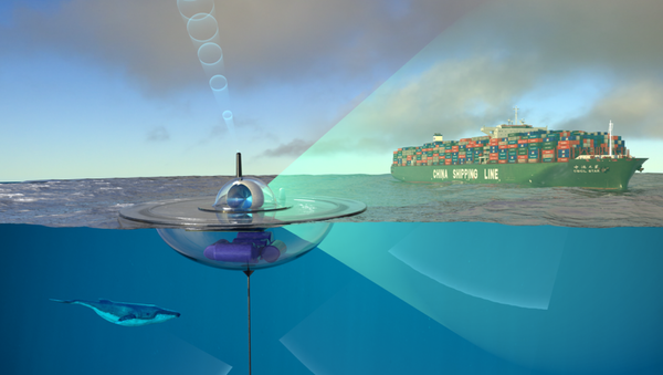 An artist's conception of how the Ocean of Things drifting sensor being built by DARPA and the CMRE would passively monitor ocean activity and transmit its data to the cloud via satellite - Sputnik International