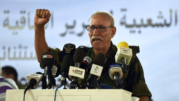 Brahim Ghali, newly elected Polisario secretary general and president of the self-proclaimed Sahrawi Arabic Democratic Republic, delivers a speech during the PF's extraordinary congress on July 9, 2016 at the Sahrawi refugee camp of Dakhla - Sputnik International