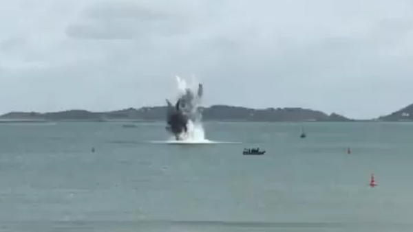 A screenshot from a vide showing a WW2 bomb detonation on the Channel Island of Guernsey near the cost of Normandy - Sputnik International