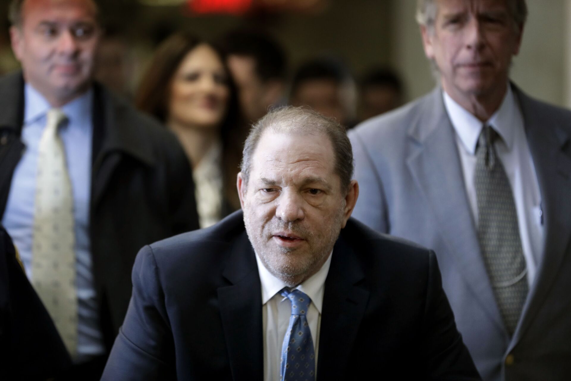In this Feb. 24, 2020, file photo, Harvey Weinstein arrives at a Manhattan courthouse as jury deliberations continue in his rape trial in New York. The disgraced Hollywood film mogul and convicted rapist is asking a bankruptcy judge in Delaware to allow him to pursue arbitration in New York over what he claims is his wrongful termination from the company he co-founded. - Sputnik International, 1920, 28.09.2021