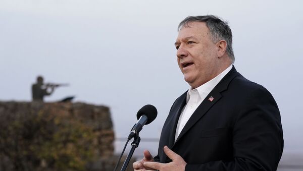 US Secretary of State Mike Pompeo speaks following a security briefing on Mount Bental in the Israeli-annexed Golan Heights, near Merom Golan on the border with Syria, on November 19, 2020. - Sputnik International