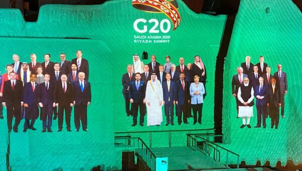 Family Photo for annual G20 Summit World Leaders is projected onto Salwa Palace in At-Turaif, one of Saudi Arabia?s UNESCO World Heritage sites, in Diriyah, Saudi Arabia, 20 November 2020 - Sputnik International