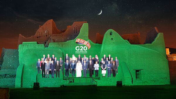 Family Photo for the annual G20 Summit World Leaders is projected onto Salwa Palace in At-Turaif, one of Saudi Arabia’s UNESCO World Heritage sites, in Diriyah, Saudi Arabia, November 20, 2020.  - Sputnik International