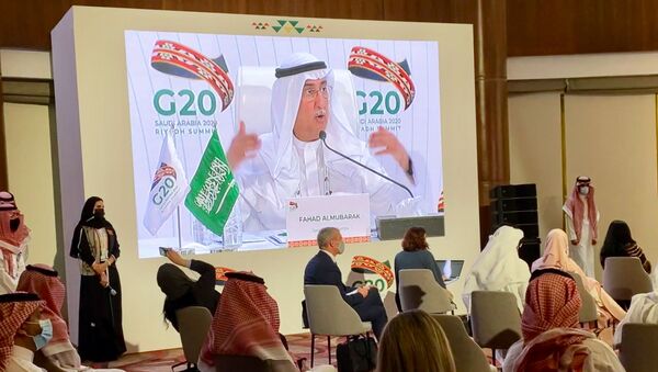 G20 Sherpa, Fahad al-Mubarak speaks during virtual news conference aired live at the media centre of the 15th annual G20 Leaders' Summit in Riyadh, Saudi Arabia, November 22, 2020. - Sputnik International