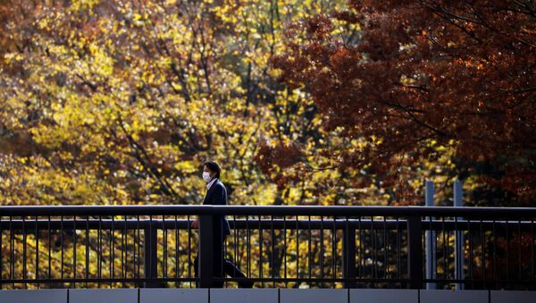 Мужчина в защитной маске на фоне осенних деревьев в Токио, Япония - Sputnik International