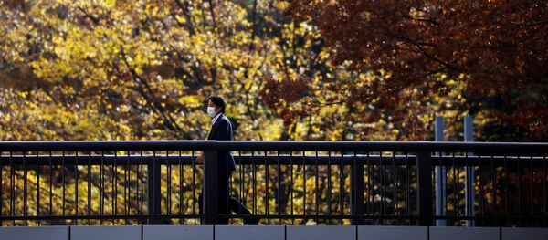 Мужчина в защитной маске на фоне осенних деревьев в Токио, Япония - Sputnik International