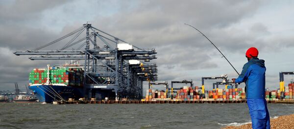 The CSCL Mercury and containers are seen at The Port of Felixstowe as a man fishes, in Felixstowe, Britain, November 17, 2020.   - Sputnik International