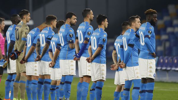Soccer Football - Europa League - Group F - Napoli v HNK Rijeka - Stadio San Paolo, Naples, Italy 26 November 2020 - General view as Napoli players line up wearing shirts with Diego Maradona's name on the back before the match. - Sputnik International