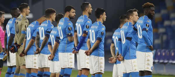 Soccer Football - Europa League - Group F - Napoli v HNK Rijeka - Stadio San Paolo, Naples, Italy 26 November 2020 - General view as Napoli players line up wearing shirts with Diego Maradona's name on the back before the match. Soccer Football - Europa League - Group F - Napoli v HNK Rijeka - Stadio San Paolo, Naples, Italy 26 November 2020 - General view as Napoli players line up wearing shirts with Diego Maradona's name on the back before the match. - Sputnik International