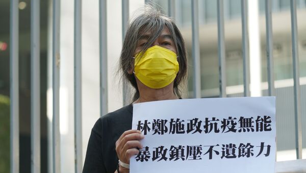 Activist Long Hair Leung Kwok-hung holds a protest sign ahead of Hong Kong Chief Executive Carrie Lam's annual policy address at the Legislative Council in Hong Kong, China November 25, 2020 - Sputnik International
