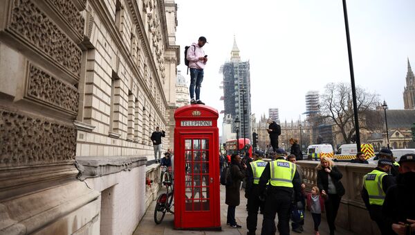 A man stands on a telephone booth during an anti-lockdown demonstration amid the coronavirus disease (COVID-19) outbreak in London, Britain November 28, 2020. - Sputnik International