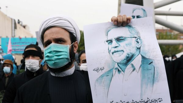 A protester holds a picture of Mohsen Fakhrizadeh, Iran's top nuclear scientist, during a demonstration against his killing in Tehran, Iran, 28 November 2020. - Sputnik International