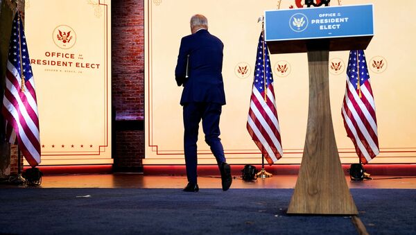 U.S. President-elect Joe Biden departs after delivering a pre-Thanksgiving speech at his transition headquarters in Wilmington, Delaware, U.S., November 25, 2020. - Sputnik International