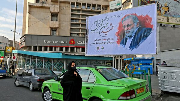 A woman walks by a billboard in honour of slain nuclear scientist Mohsen Fakhrizadeh in the Iranian capital of Tehran, on 30 November 2020. - Sputnik International