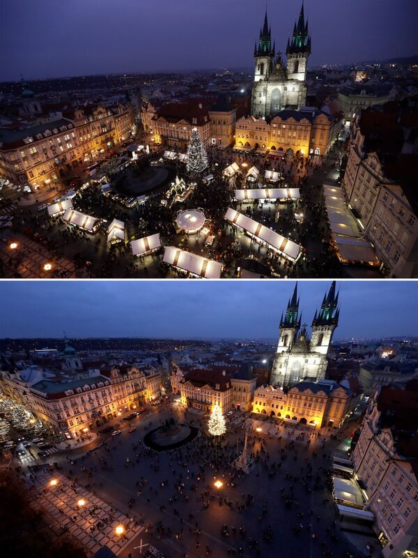 Комбо-фото рождественской ярмарки на Староместской площади в Праге в 2019 и 2020 годах - Sputnik International