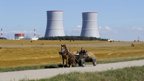 A man in a horse drawn carriage travels on a road, with Belarus's first nuclear plant which was built by Russia's state nuclear corporation Rosatom in the background near Astravets, Belarus, Friday, Aug. 7, 2020 - Sputnik International