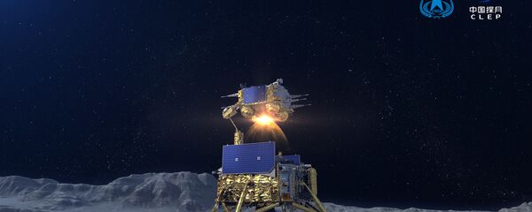 A China National Space Administration graphic showing blast-off of the sampling capsule from the Chang'e-5 lunar lander from the moon's Oceanus Procellarum. A China National Space Administration graphic showing blast-off of the sampling capsule from the Chang'e-5 lunar lander from the moon's Oceanus Procellarum. - Sputnik International