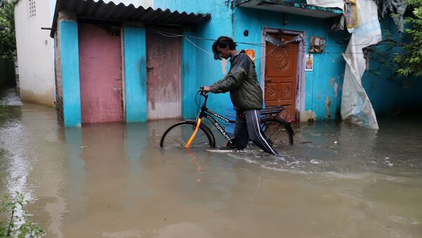 A man pushes his bicycle through a water-logged neighbourhood after Cyclone Nivar's landfall, in Chennai, India - Sputnik International