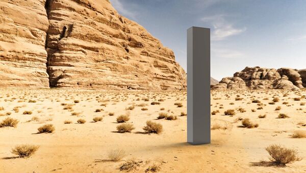 An art work be artist group The Most Famous Artist, titled 'Early Concept Art — August 2020', showing a render of the monolith in the desert - Sputnik International