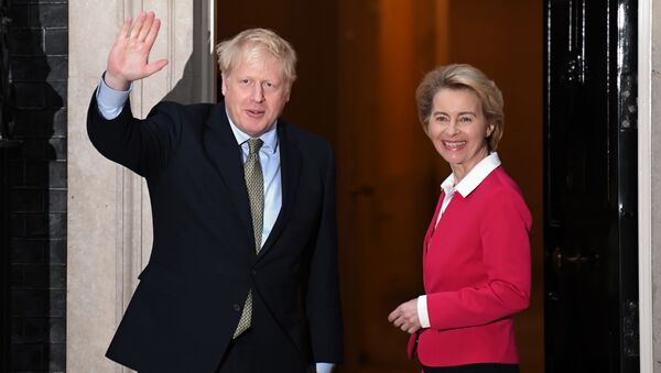 Britain's Prime Minister Boris Johnson greets European Commission President Ursula von der Leyen outside 10 Downing Street in central London on 8 January 2020, ahead of their meeting. - Sputnik International