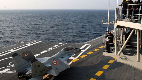 In this photograph released by the Indian Ministry of Defence on January 9, 2018, shows a MiG 29K during the operational manoeuvres of the Western Fleet ships, witnessed by Minister of Defence Nirmala Sitharaman, conducted by the Indian Navy.  - Sputnik International
