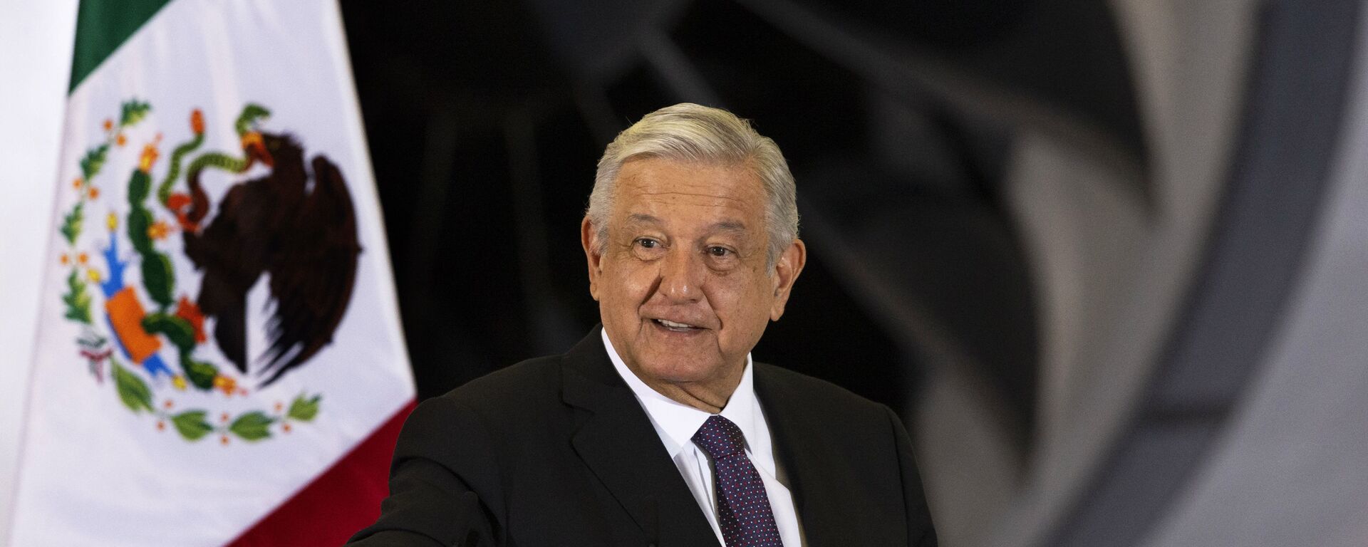 In this July 27, 2020 file photo, Mexican President Andres Manuel Lopez Obrador gives his daily, morning press conference in front of the former presidential plane that has been for sale since he took office, at Benito Juarez International Airport in Mexico City - Sputnik International, 1920, 19.03.2023