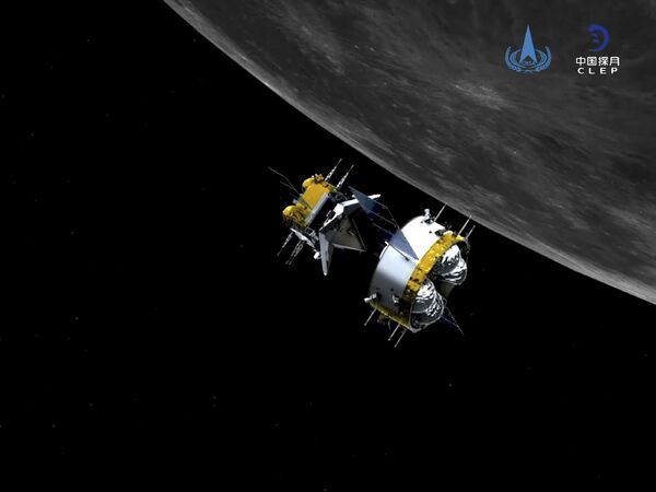 This graphic simulation image provided by China National Space Administration shows the orbiter and returner combination of China's Chang'e-5 probe after its separation from the ascender, at the Beijing Aerospace Control Center (BACC) in Beijing Sunday, 6 December 2020. The Chinese probe that landed on the moon transferred rocks to an orbiter Sunday in preparation for returning samples of the lunar surface to Earth for the first time in almost 45 years, the country's space agency announced.  - Sputnik International
