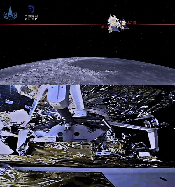 This combination of two pictures created and released on 6 December 2020 by the China National Space Administration (CNSA) via CNS shows an illustration (top) and a photo (bottom) of the ascender of China's Chang'e-5 lunar probe completing rendezvous and docking with the orbiter-returner combination.  - Sputnik International