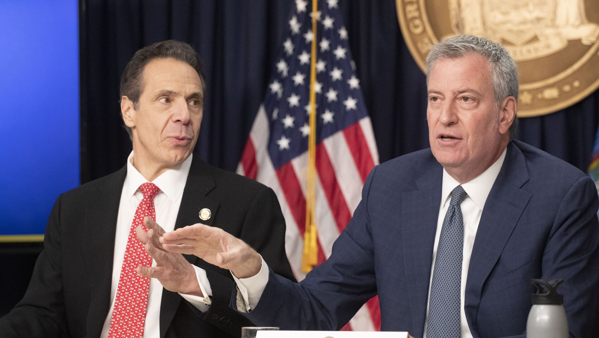New York Gov. Andrew Cuomo, left, and Mayor Bill de Blasio discuss the state and city's preparedness for the spread of coronavirus at a news conference, Monday, March 2, 2020 in New York. - Sputnik International, 1920, 14.03.2021