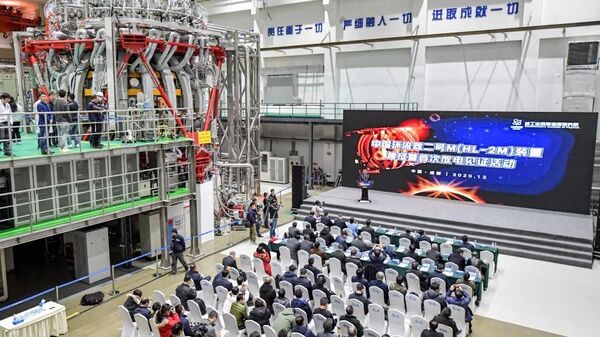 Photo taken on Dec. 4, 2020 shows the site of the completion ceremony of HL-2M Tokamak, China's new-generation artificial sun, in Chengdu, southwest China's Sichuan Province. The HL-2M Tokamak went into operation on Friday and achieved its first plasma discharge, according to China National Nuclear Corporation (CNNC).  - Sputnik International