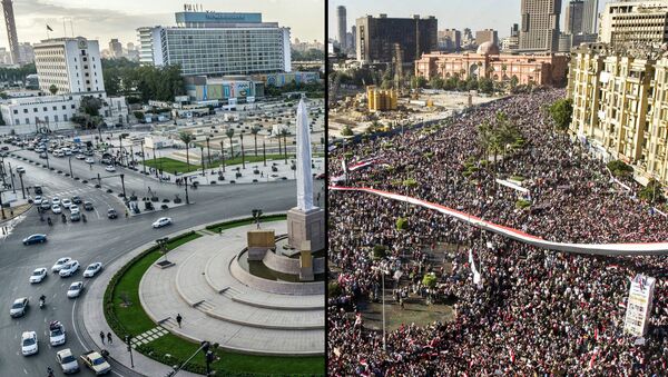 (COMBO) This combination of pictures created on November 23, 2020 shows a general view of Cairo's Tahrir Square (R to L) on February 18, 2011 as it is filled with protesters celebrating the ouster of former president Hosni Mubarak a week after the massive protests against him, which had erupted after a revolt toppled Tunisia's ruler in what becomes known as the Arab Spring; and the same view almost ten years later on November 11, 2020 - Sputnik International