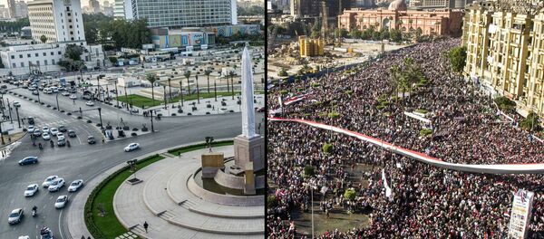 (COMBO) This combination of pictures created on November 23, 2020 shows a general view of Cairo's Tahrir Square (R to L) on February 18, 2011 as it is filled with protesters celebrating the ouster of former president Hosni Mubarak a week after the massive protests against him, which had erupted after a revolt toppled Tunisia's ruler in what becomes known as the Arab Spring; and the same view almost ten years later on November 11, 2020 (COMBO) This combination of pictures created on November 23, 2020 shows a general view of Cairo's Tahrir Square (R to L) on February 18, 2011 as it is filled with protesters celebrating the ouster of former president Hosni Mubarak a week after the massive protests against him, which had erupted after a revolt toppled Tunisia's ruler in what becomes known as the Arab Spring; and the same view almost ten years later on November 11, 2020 - Sputnik International