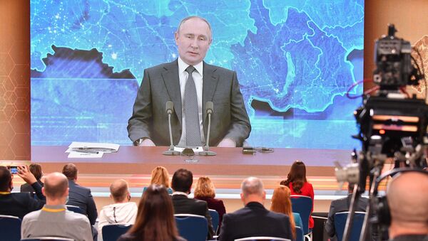 December 17, 2020. Russian President Vladimir Putin via videoconference participates in the annual press conference at the World Trade Center on Krasnaya Presnya - Sputnik International