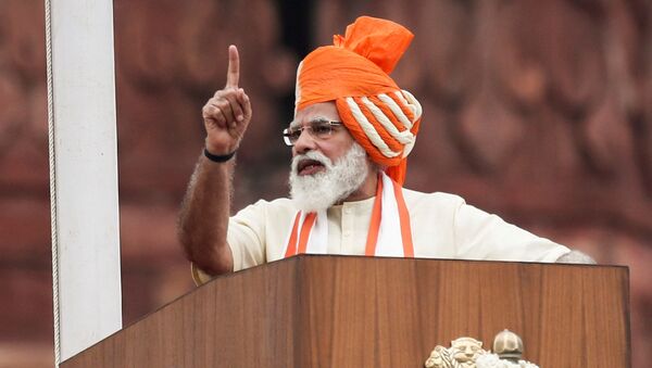  Indian Prime Minister Narendra Modi addresses the nation during Independence Day celebrations at the historic Red Fort in New Delhi, August 15, 2020 - Sputnik International