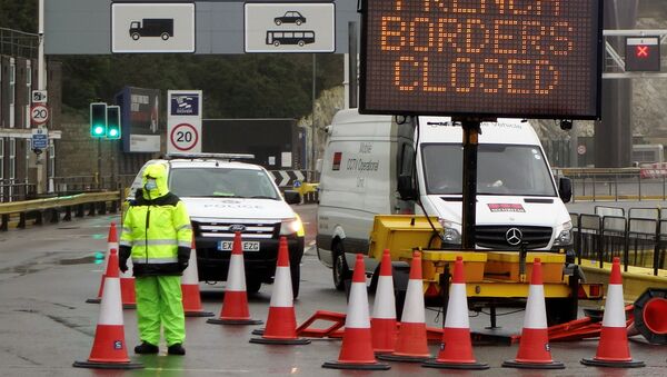 A sign alerts customers that the French Borders are Closed at the entrance to the Port of Dover in Kent, south east England on 21 December 2020, as a string of countries banned travellers all but unaccompanied freight arriving from the UK, due to the rapid spread of a more-infectious new coronavirus strain. - Britain's critical south coast port at Dover said on Sunday it was closing to all accompanied freight and passengers due to the French border restrictions until further notice. - Sputnik International