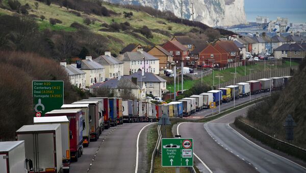 Lorries queue on the A20 road to enter the Port of Dover to board ferries to Europe, in Dover, Britain - Sputnik International