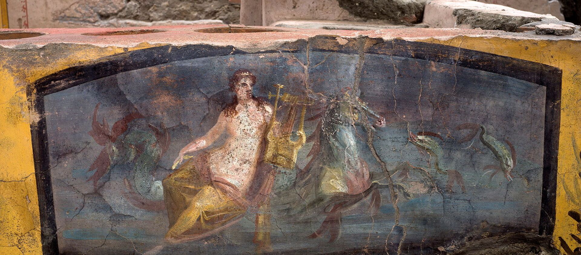 A fresco on an ancient counter depicting a nymph riding a horse uncovered during excavations in Pompeii, Italy, is seen in this handout picture released December 26, 2020 - Sputnik International, 1920, 27.12.2020